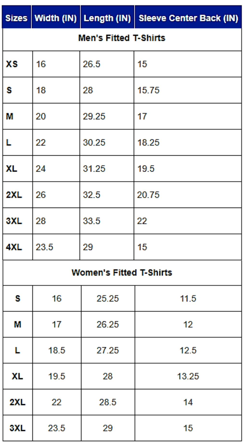 Fitted Shirt Size Chart